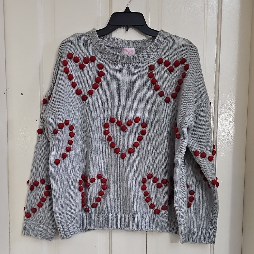 Pink Lily Gray Sweater with Red Heart Accents